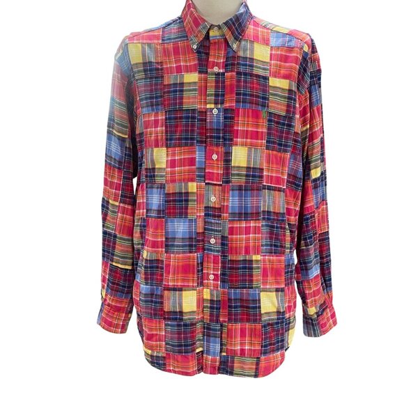 Ralph Lauren Madras Plaid Shirt Classic Fit Patchwork Coastal Summer L - Picture 5 of 10